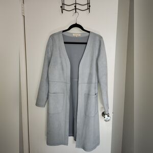 Suede cardigan, long light coat, 35in